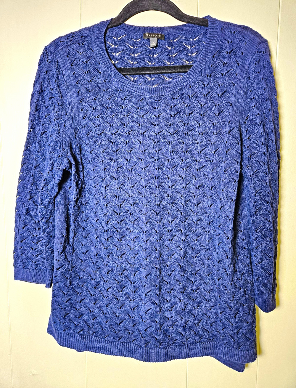 Talbots Womens Open-Knit Crew Neck Pullover Sweater Navy Blue Size L 3/4 Sleeve